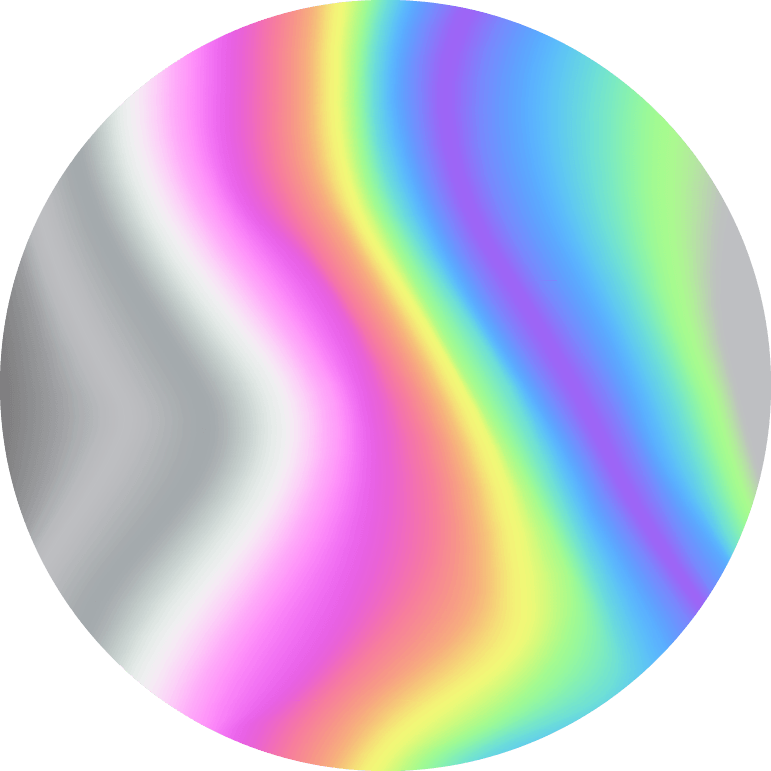 A circular color swatch displaying a smooth rainbow gradient with flowing bands of gray, pink, orange, yellow, green, blue, and purple on a muted gray background.