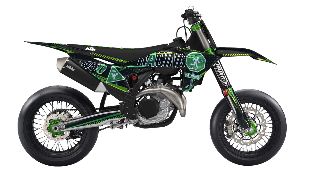 A KTM 450 Racing dirt bike in a black and green livery, shown from a side profile view against a solid white background.