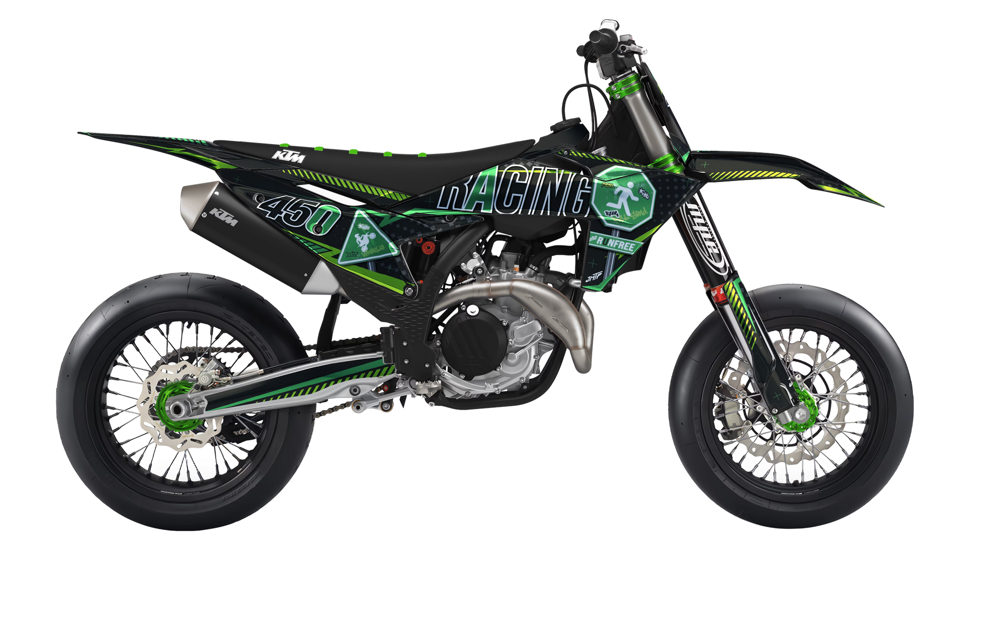 A KTM 450 Racing dirt bike in a black and green livery, shown from a side profile view against a solid white background.