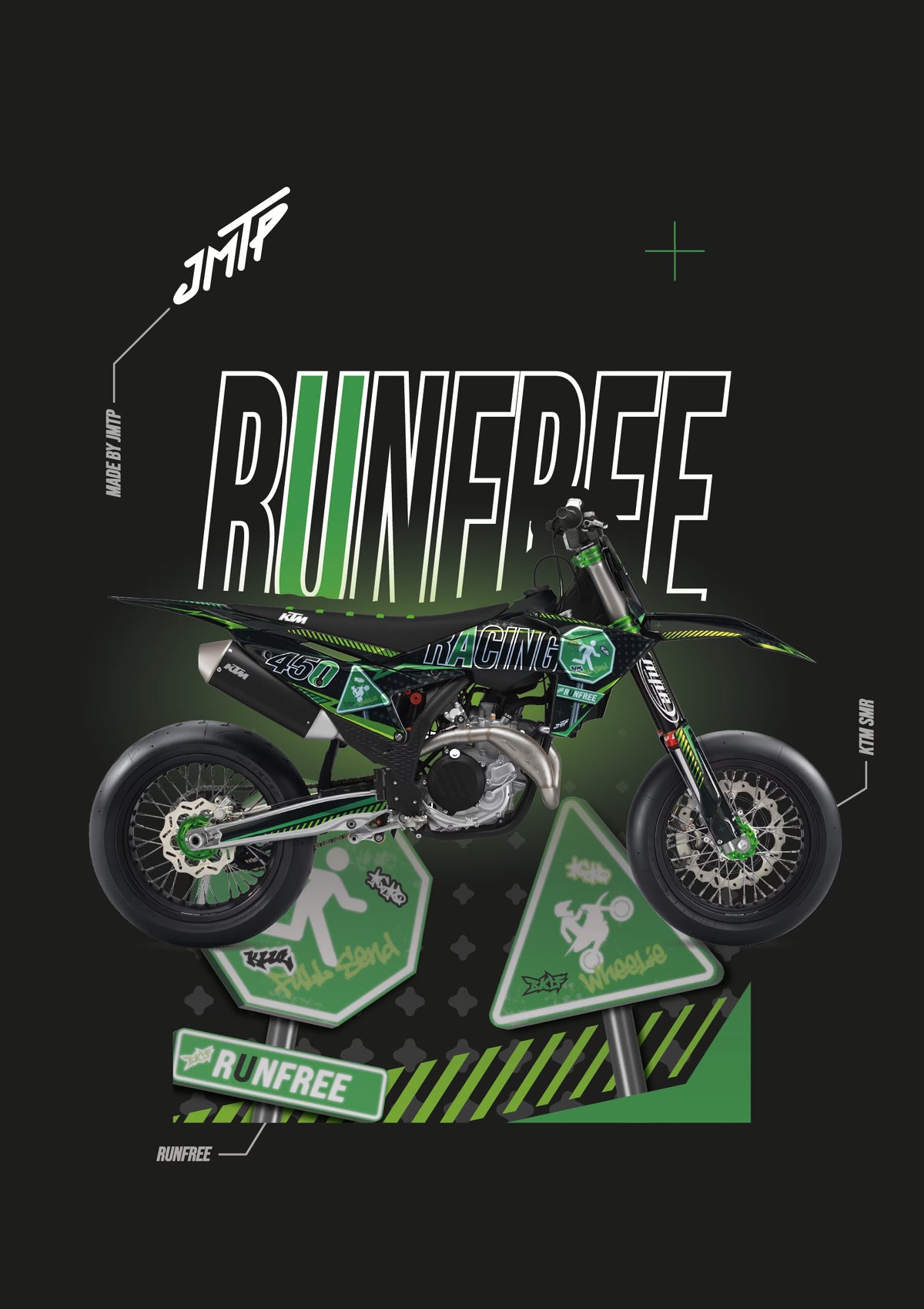 A stylized graphic poster of a dirt bike with green and black racing graphics, large 'RUNFREE' text, and multiple green sign elements on a black background.