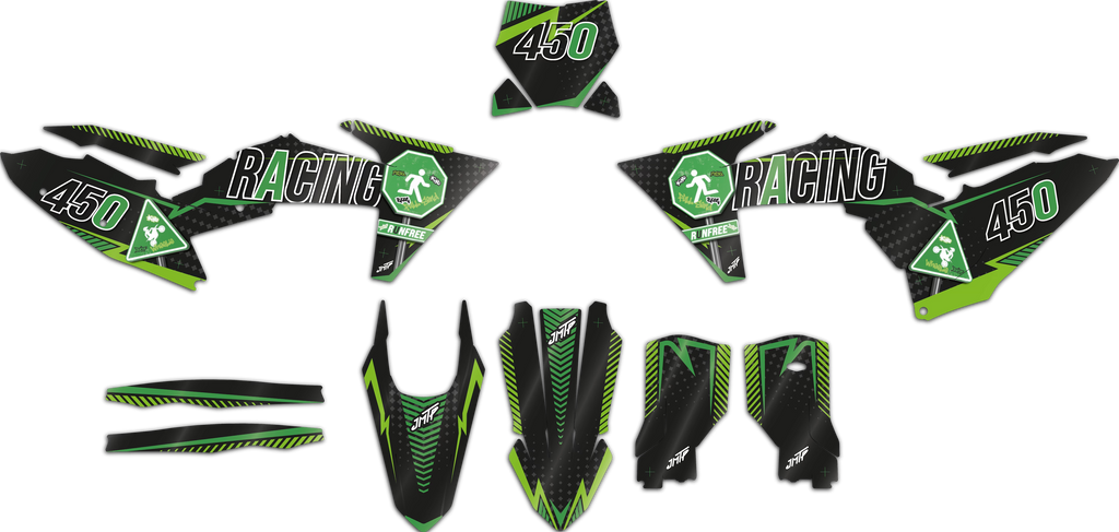 A set of motocross or dirt bike body decals and graphics pieces in black and neon green, featuring the number 450, the word 'RACING', and a stylized running man logo, displayed on a plain white background.