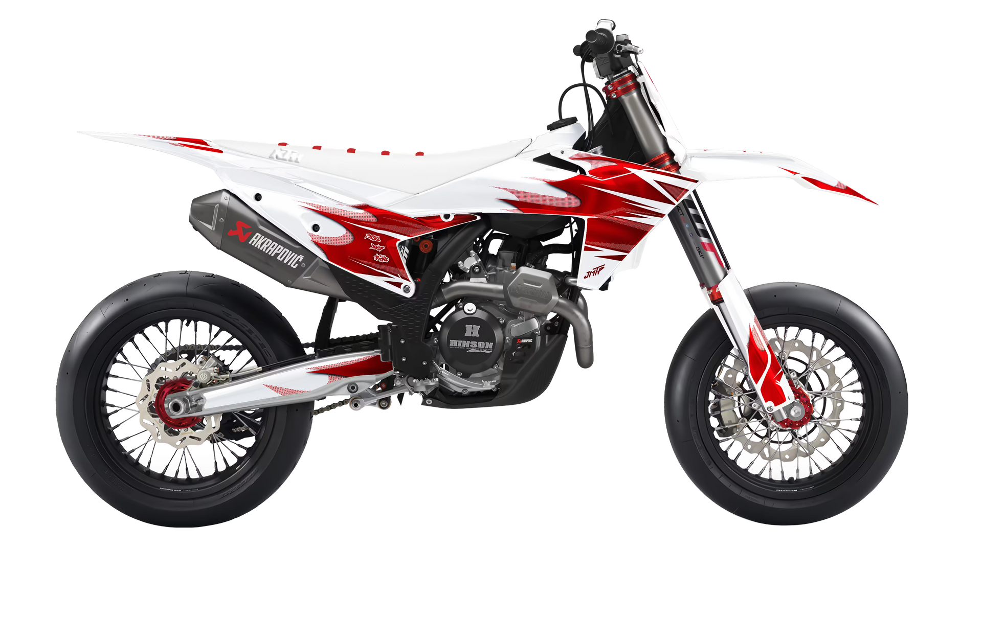 A red and white motorcycle dirt bike with black tires and silver disc brakes, shown from a side profile on a solid white background.