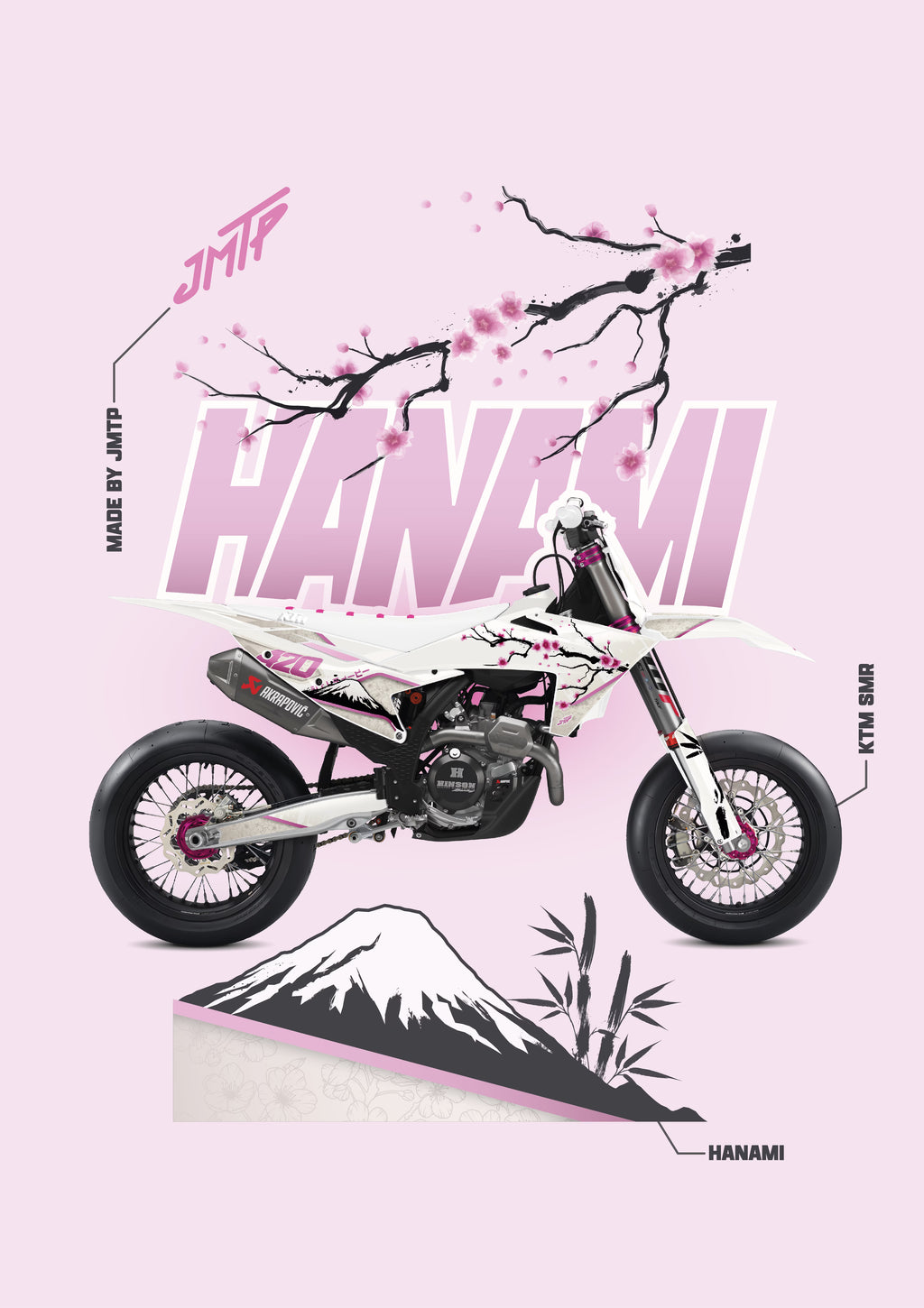 A stylized graphic of a white and pink mini dirt bike centered on a light pink background, with cherry blossom branches, large 'HANAMI' lettering, a mountain illustration, and small text labels including 'JMP', 'HANAMI', and 'KTM SMX'.