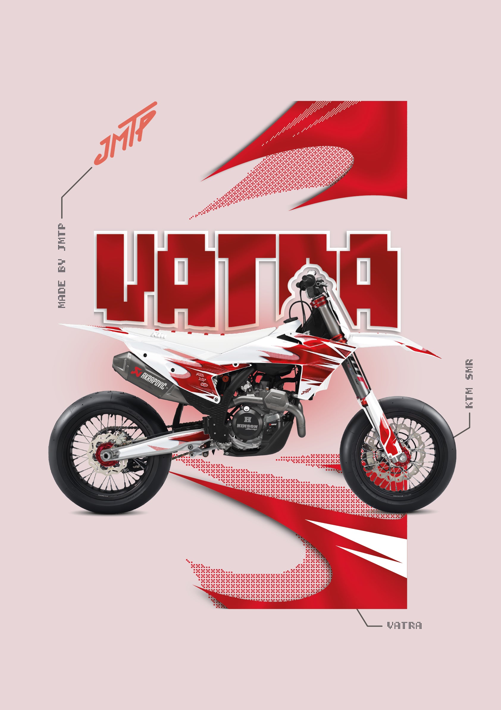 A stylized graphic poster of a red and white dirt bike centered on a pale pink background, with large red 'VATRA' lettering, abstract red graphic shapes, and small technical callout lines around the bike.