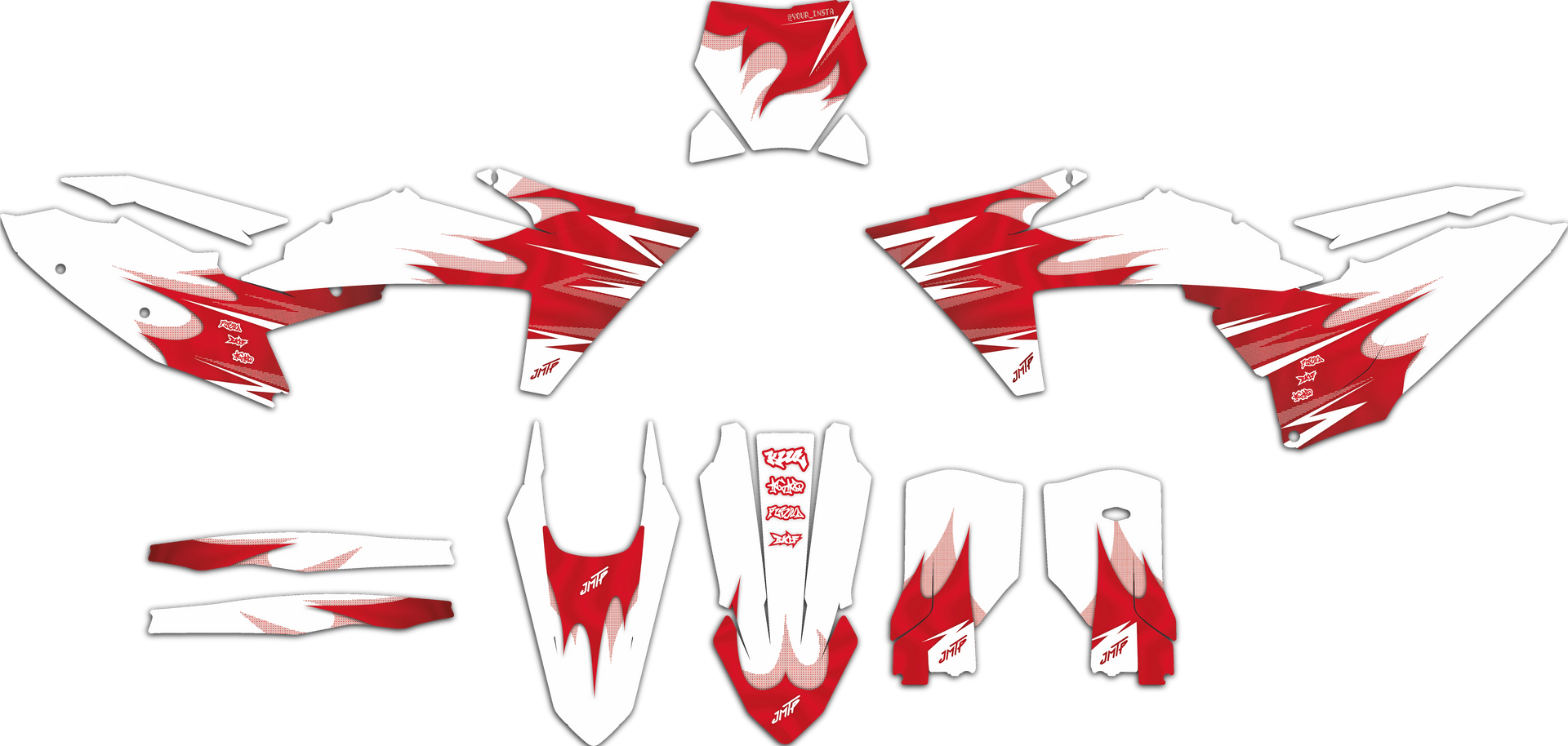 A set of red and white graphic decals or body kits laid out flat on a white background, including multiple shaped pieces with flame-like red patterns on white bases.