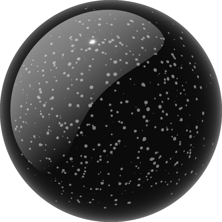 A glossy black sphere with white speckles and a gray-to-black gradient highlight, shown on a muted blue-gray background.