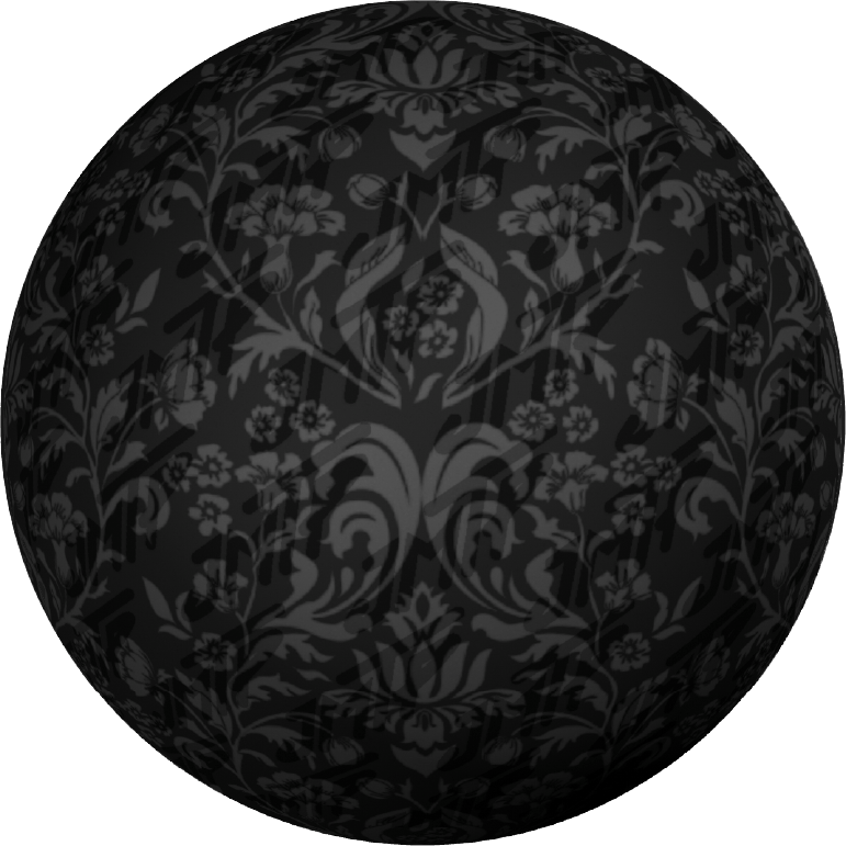 A dark charcoal gray sphere displaying a classic damask floral and scroll pattern in lighter gray, isolated on a muted slate blue background.
