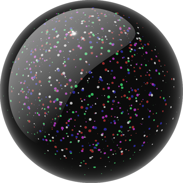 A glossy black sphere or orb with multicolored confetti-like dots scattered across its surface, shown on a muted blue-gray background.