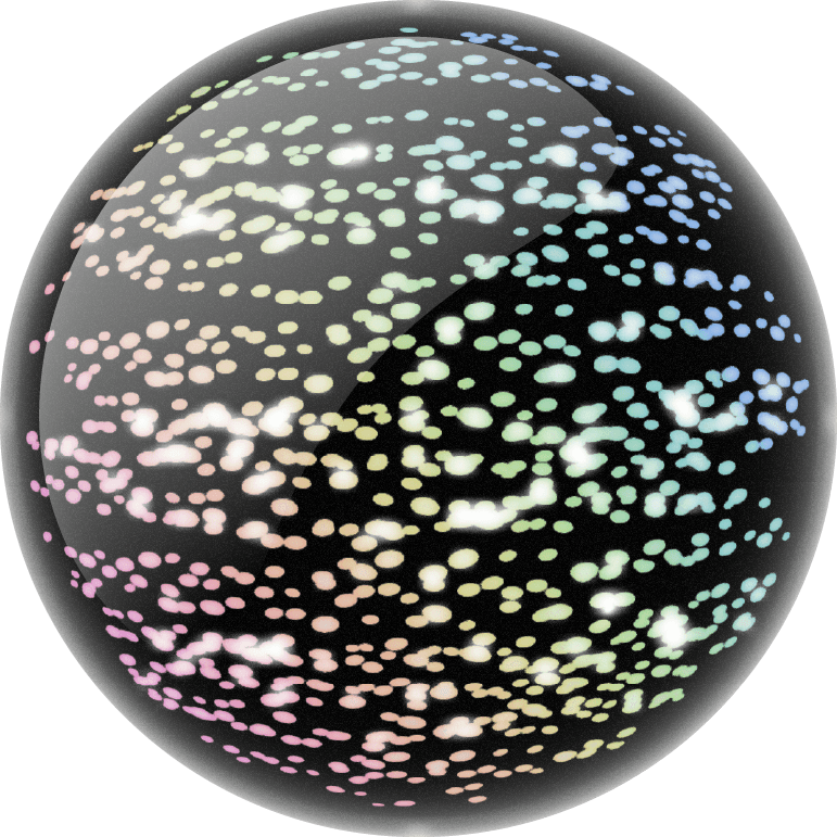 A glossy black sphere covered in iridescent, multicolored dots and speckles, shown against a muted blue-gray background.
