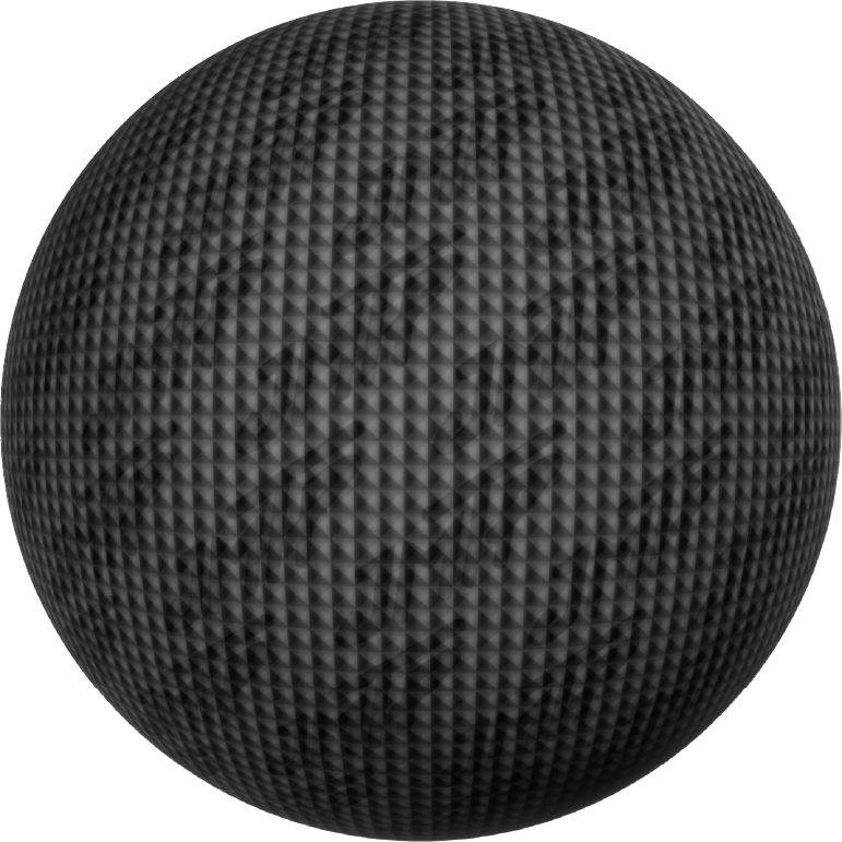 A dark gray textured sphere with a repeating triangular pyramid pattern, shown against a solid slate blue background.