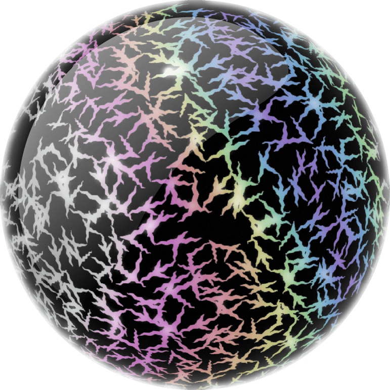 A spherical decorative object with a glossy black surface covered in a branching, web-like pattern of iridescent rainbow lines, shown on a plain white background.
