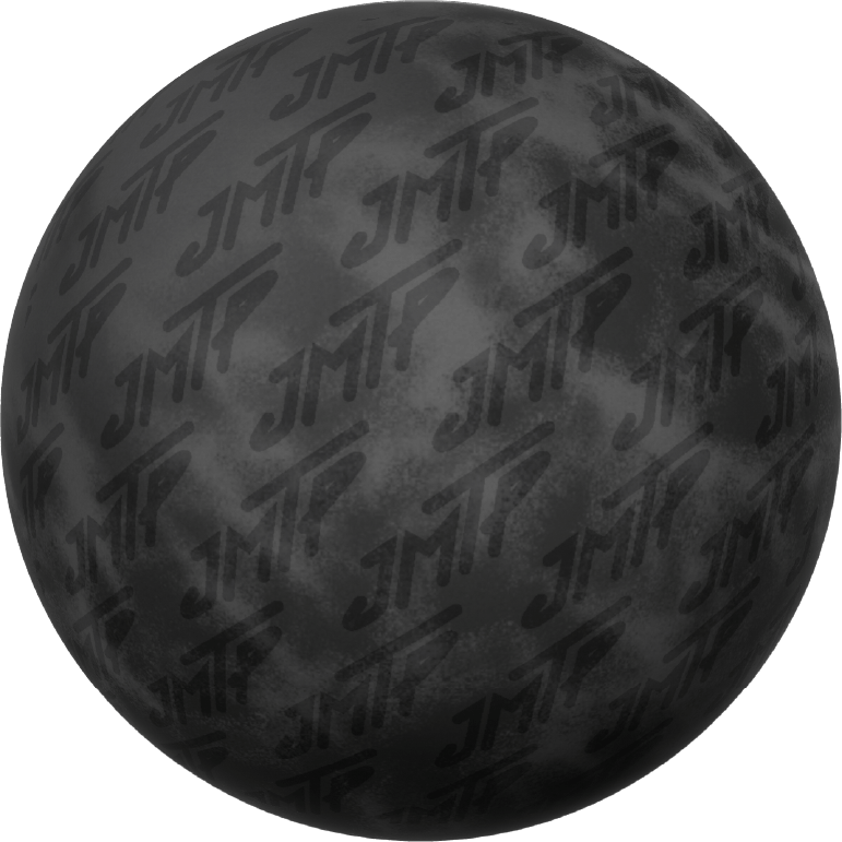 A dark gray spherical object with a repeating embossed 'JMTP' pattern, shown against a muted blue-gray background.
