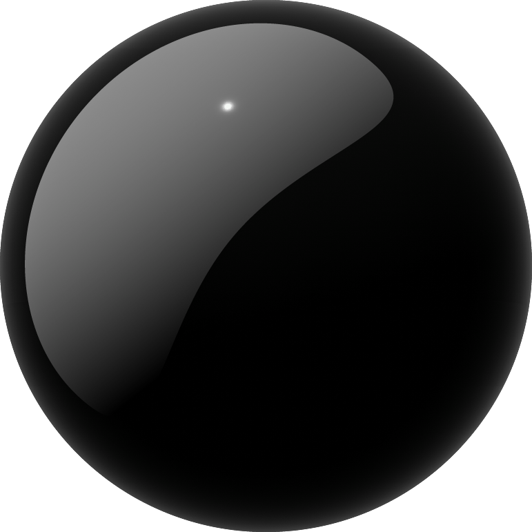A glossy black sphere with a soft gray reflection on a muted blue-gray background.