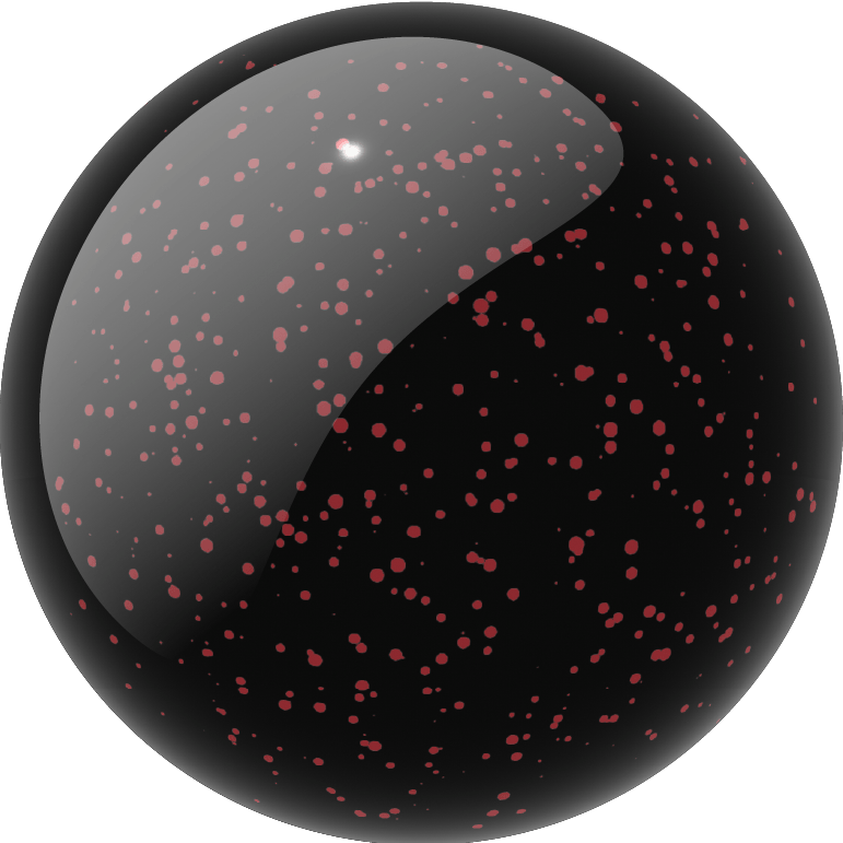 A glossy black sphere with scattered small red speckles, shown on a muted blue-gray background.