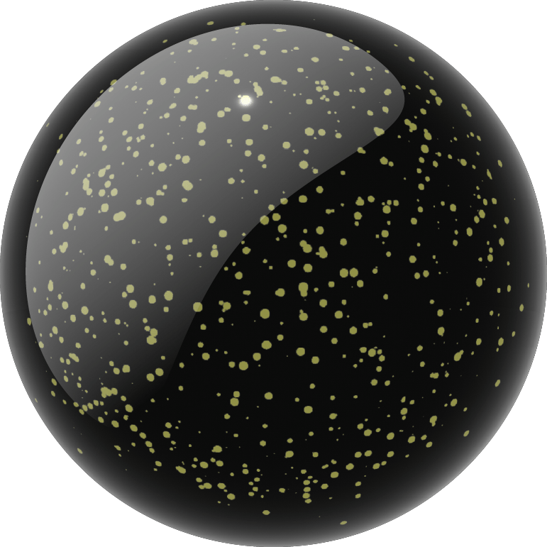 A glossy black spherical object with scattered small pale yellow-green speckles, shown on a plain blue-gray background.