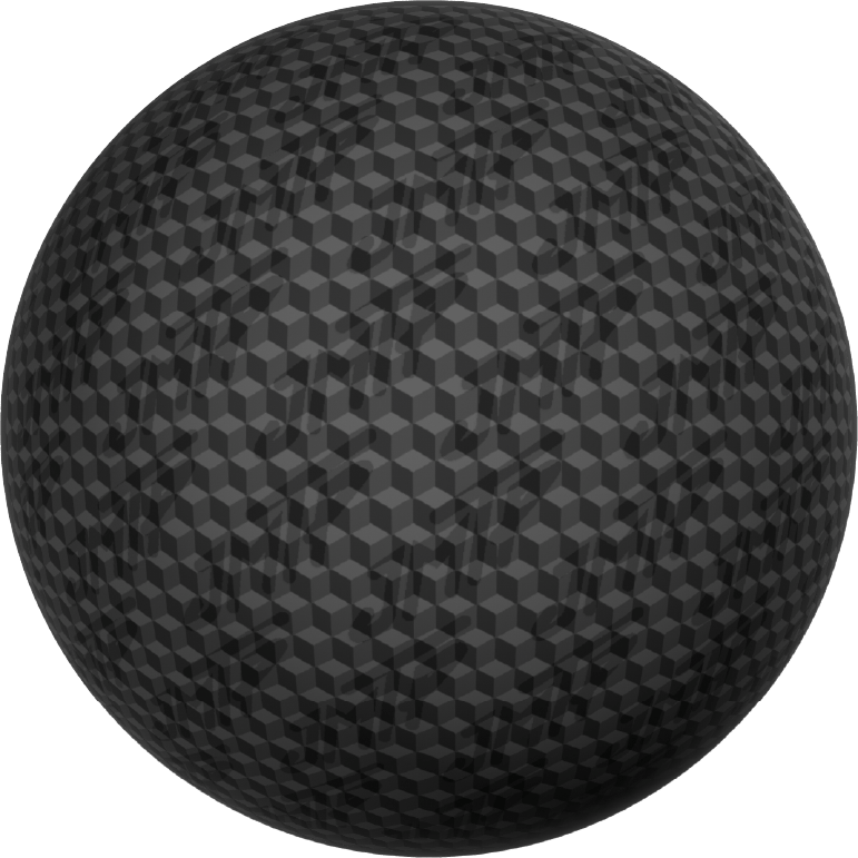 A dark gray textured sphere with a repeating geometric cube-like pattern, shown against a muted blue-gray background.